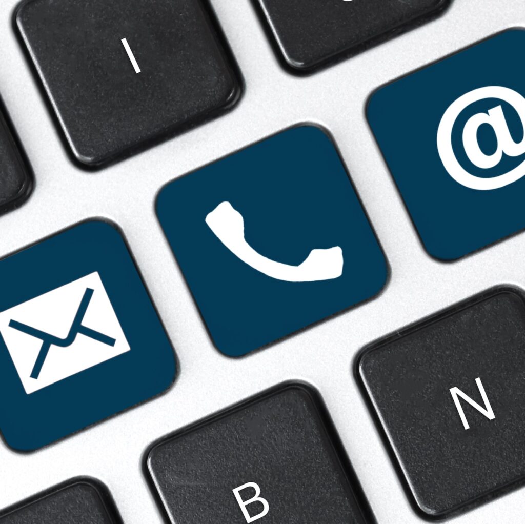 Contact us on keyboard key. Internet or online contact through website.